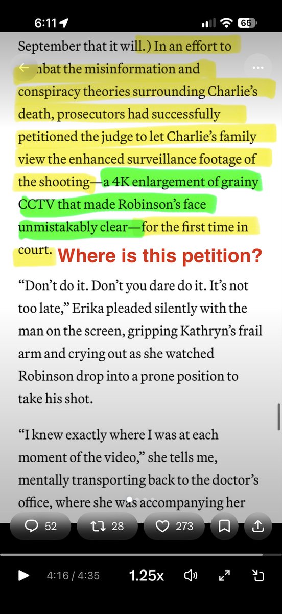 estepp1506's tweet photo. Has anybody seen this part? I have all of the court documents from this case and I do not specifically recall there being any motion filed by the state that resulted in “the video” that allegedly played in court that “made Robinson’s face unmistakably clear”. I am emailing @VanityFair to demand a correction as this has never been corroborated with facts and only is supported by a few people who claim that they saw it in court. There is a moment in court where the judge specifically asks the prosecution if there is video of the alleged shooting and the response was NO!! omg I have to find that clip