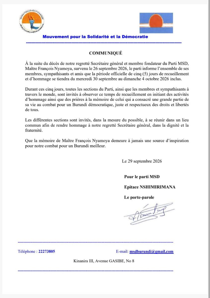 MsdBurundi's tweet photo. En mémoire de #Maître #François #Nyamoya, le #MSD invite ses membres, sympathisants et amis à observer cinq jours de recueillement et d’hommage, du 30 septembre au 4 octobre 2026. https://t.co/UdkMA2eRp7