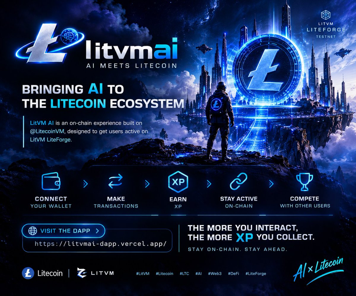 litvmai's tweet photo. 🚀 Meet LitVM AI — AI �� Litecoin.

Built on @LitecoinVM. Connect your wallet, make transactions, earn XP, and compete on-chain.

⚡ Your activity matters.

Start here 👇
https://t.co/xaENYiBQao
#LitVM #Litecoin #AI #Web3 https://t.co/9iv5JvLpIm