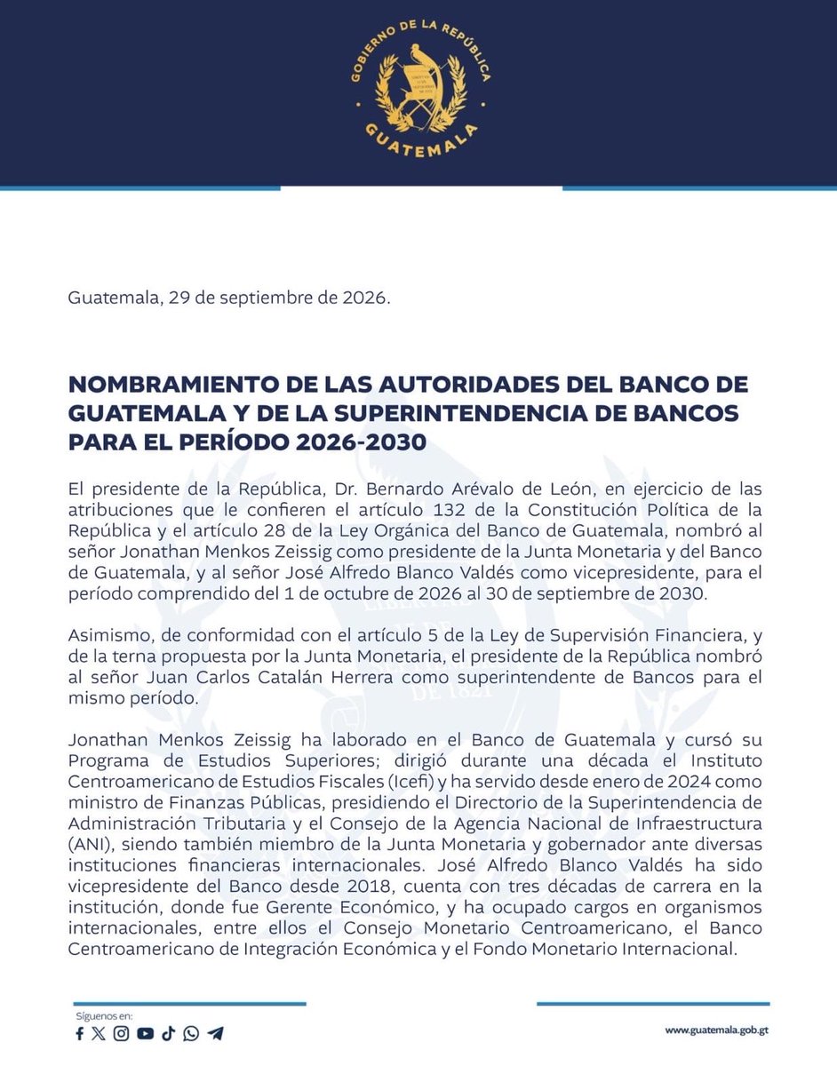 5toPoderSM's tweet photo. EL BACHILLER MENKOS VA DE PRESIDENTE DEL BANGUAT 

Bernarco Arévalo nombra a su ministro de Fonanzas el bachiller Jonathan Menkos como presidente del Banco de Guatemala. https://t.co/IGREx7upRA