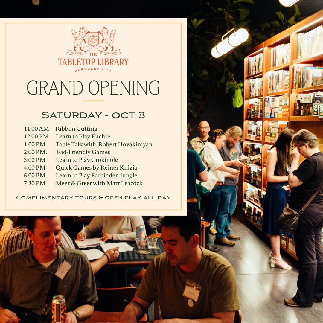 nabeel's tweet photo. Hey, so this Saturday you can come to the Grand Opening party for Tabletop Library in Berkeley all day and night. It'll be worth the drive over, you know, if you want.

@BerkeleyTTL is a side quest I've been on with @andrewmason, @tabletopgrl & david c to make a whimsical place that gets us off our phones, playing with each other, and holds board gaming up for the awesomeness that it has become recently. It's been a labor of love where we've also built a dewey decimal system for games, a board game recommender service, used a card catalog from UC Berkeley as the front desk, and a dozen other little details I'd love to show you. 

https://t.co/LrVWzic42M

And after the visit you can go less than a block to the comic shop (escapist) and sci-fi bookstore (dark carnival) in what must now be the nerdiest single block anywhere.