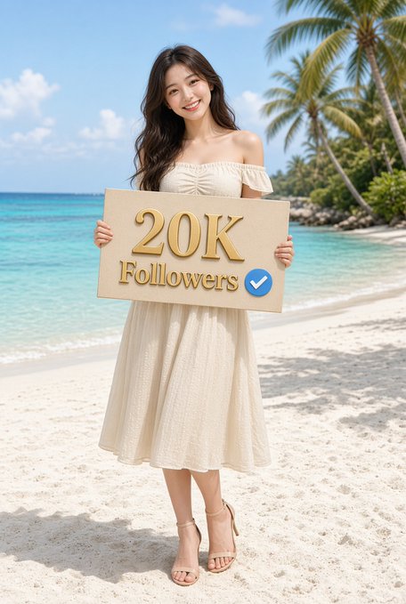 A smiling woman in a cream-colored dress stands on a tropical beach holding a sign that reads "20K Followers" with a blue checkmark. The image celebrates the milestone mentioned in the post's promotional message about growing one's follower base.