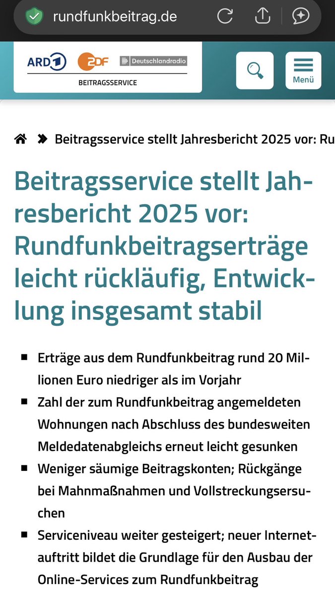 NureinGedanke76's tweet photo. Köln, 06/26:
Erträge aus #Rundfunkbeitrag lagen im Jahr 2025 bei 8,72 Milliarden Euro. Rund 20 Millionen Euro weniger als im Vorjahr: ein Minus von 0,22 Prozent. 8,56 Milliarden Euro flossen an #ARD, ZDF und Deutschlandradio. 164,5 Millionen Euro erhielten Landesmedienanstalten https://t.co/Gy7WENsM78