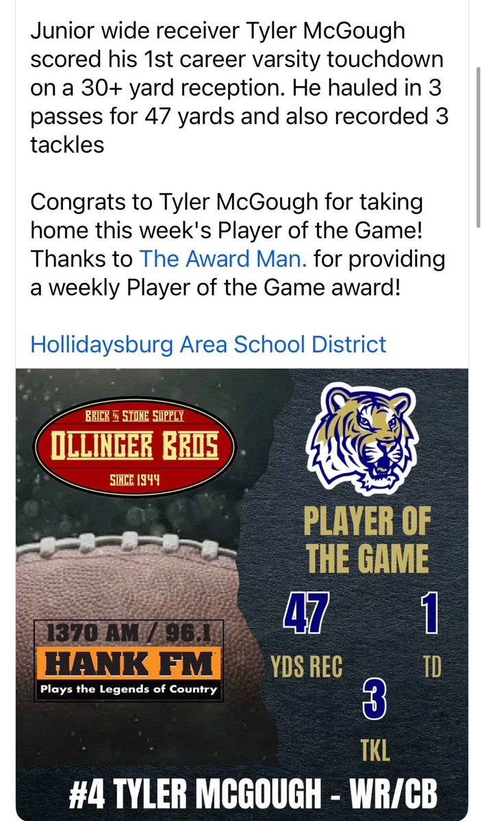 TMcGough22's tweet photo. Honored to earn Player of the Game from last Friday game vs Fort Hill. Looking forward to competing this Friday. 

@HollidaysburgF @CoachHDeLattre @rj3albarano @PaFootballNews @HankTwangs https://t.co/vBjLaPfSwi
