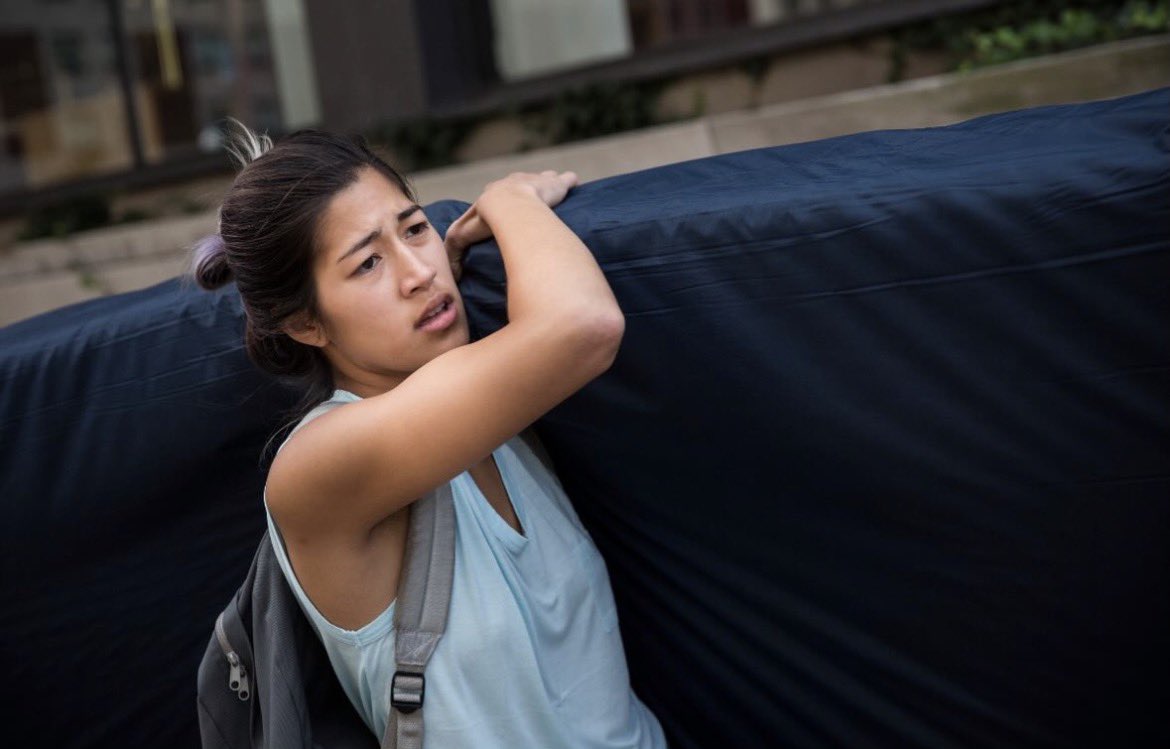 bbambied's tweet photo. “Mattress Performance (Carry That Weight)" 2015 demonstration by Emma Sulkowicz after her attempts to seek justice against her rapist were dismissed by columbia university. even after two other students filed similar complaints. https://t.co/xuFm1ZrqTf