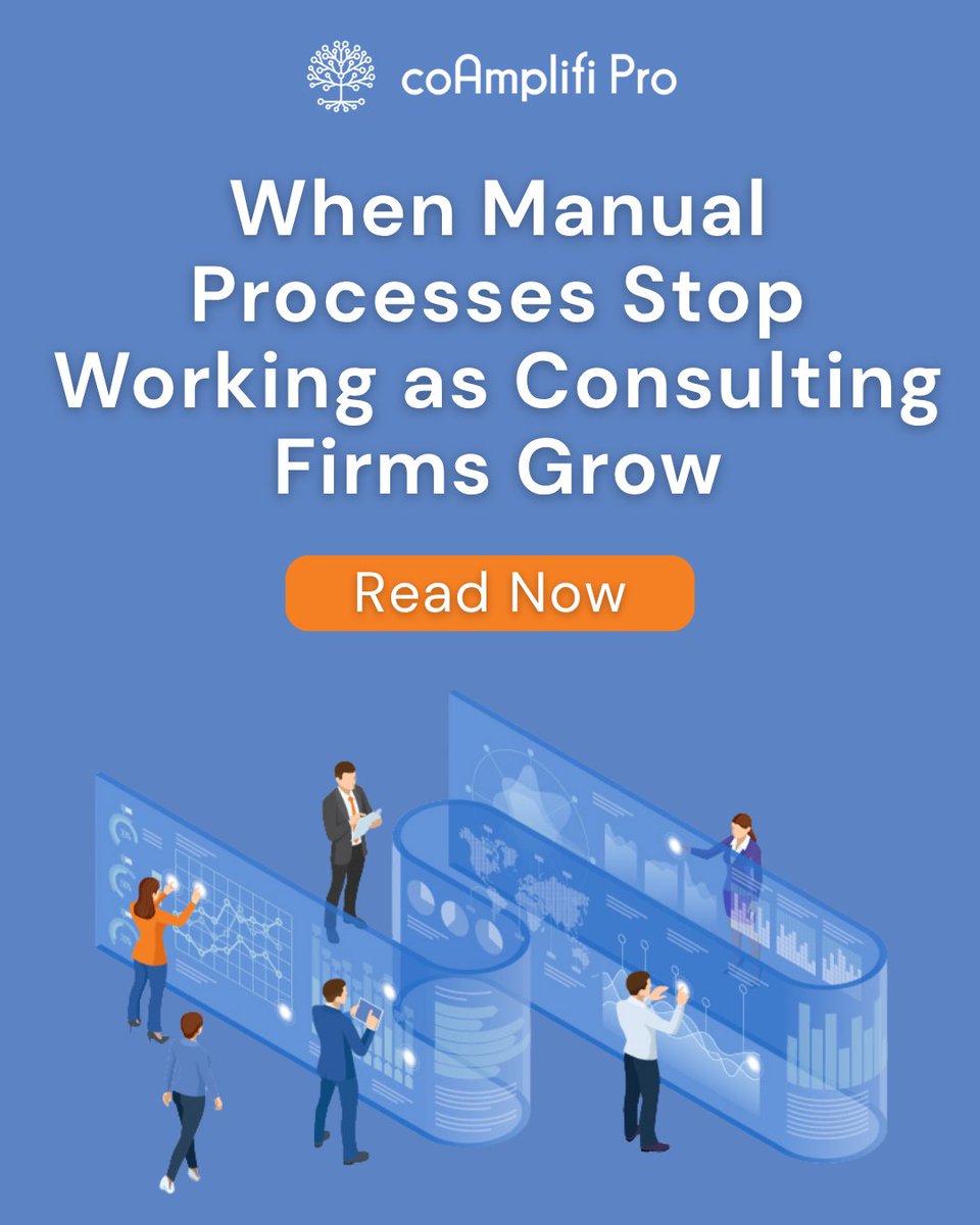 coAmplifi's tweet photo. How to know your firm has outgrown manual systems:

One spreadsheet becomes three. 
Project updates get scattered across email, chat, and shared documents. 
Simple questions start taking too long to answer.

The tools may still work, but the way your firm operates has outgrown them.

As consulting firms scale, they need clearer information, more consistent processes, and stronger visibility across delivery and financial performance.

See the warning signs your firm may be outgrowing manual systems: https://t.co/O4n0lJeEIB

#ConsultingLife #ConsultingBusiness #ConsultingGrowth