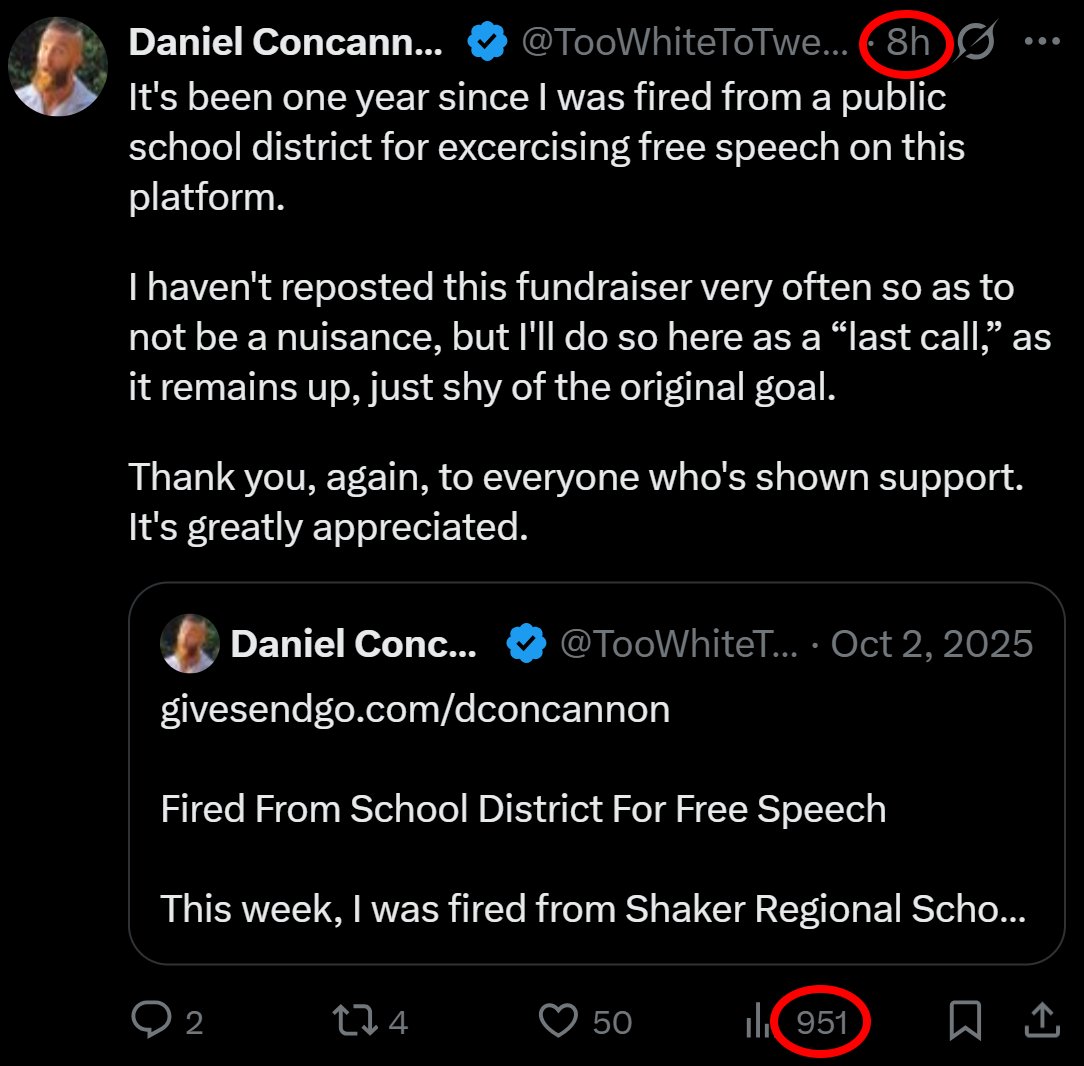 TooWhiteToTweet's tweet photo. Once in a blue moon when I've attempted to re-up this campaign, the marvelous X algo immediately determines that my re-up shall not be seen.

60k followers, super high average engagement, but this is where the algo decapitates me with under 1k total impressions.

My earlier post was meant to be a “last call,” so I guess this is a “last gripe session” to release into the ether. Like the topical suppression isn't bad enough already, now there's this. Brutal.

Anyway, if you actually see this, and you'd care to re-up it for one final push, it'd be greatly appreciated.

Finally, one last thank you to everyone. It means the world.