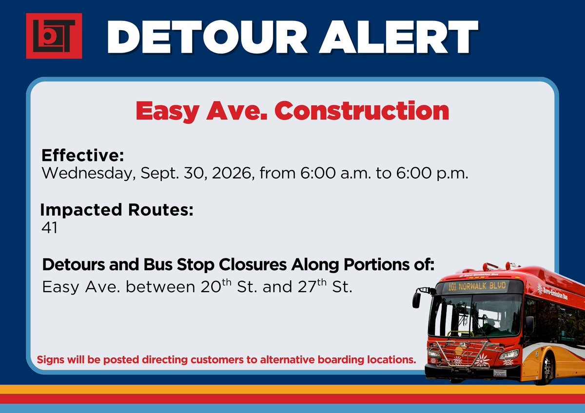 lbtransit's tweet photo. Due to construction in Long Beach Wednesday, Sept. 30, &amp; an event in Bellflower Saturday, Oct. 3, there will be detours this week.

Plan your trip by contacting our Customer Care team at 562.591.2301, your transit app of choice or visiting https://t.co/6pfaySDhJF.  

#LBTAlert https://t.co/MrivPptlDP