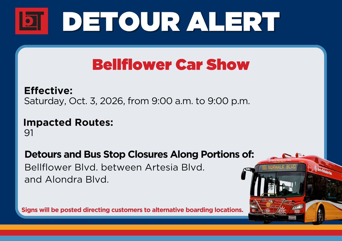 lbtransit's tweet photo. Due to construction in Long Beach Wednesday, Sept. 30, &amp; an event in Bellflower Saturday, Oct. 3, there will be detours this week.

Plan your trip by contacting our Customer Care team at 562.591.2301, your transit app of choice or visiting https://t.co/6pfaySDhJF.  

#LBTAlert https://t.co/MrivPptlDP
