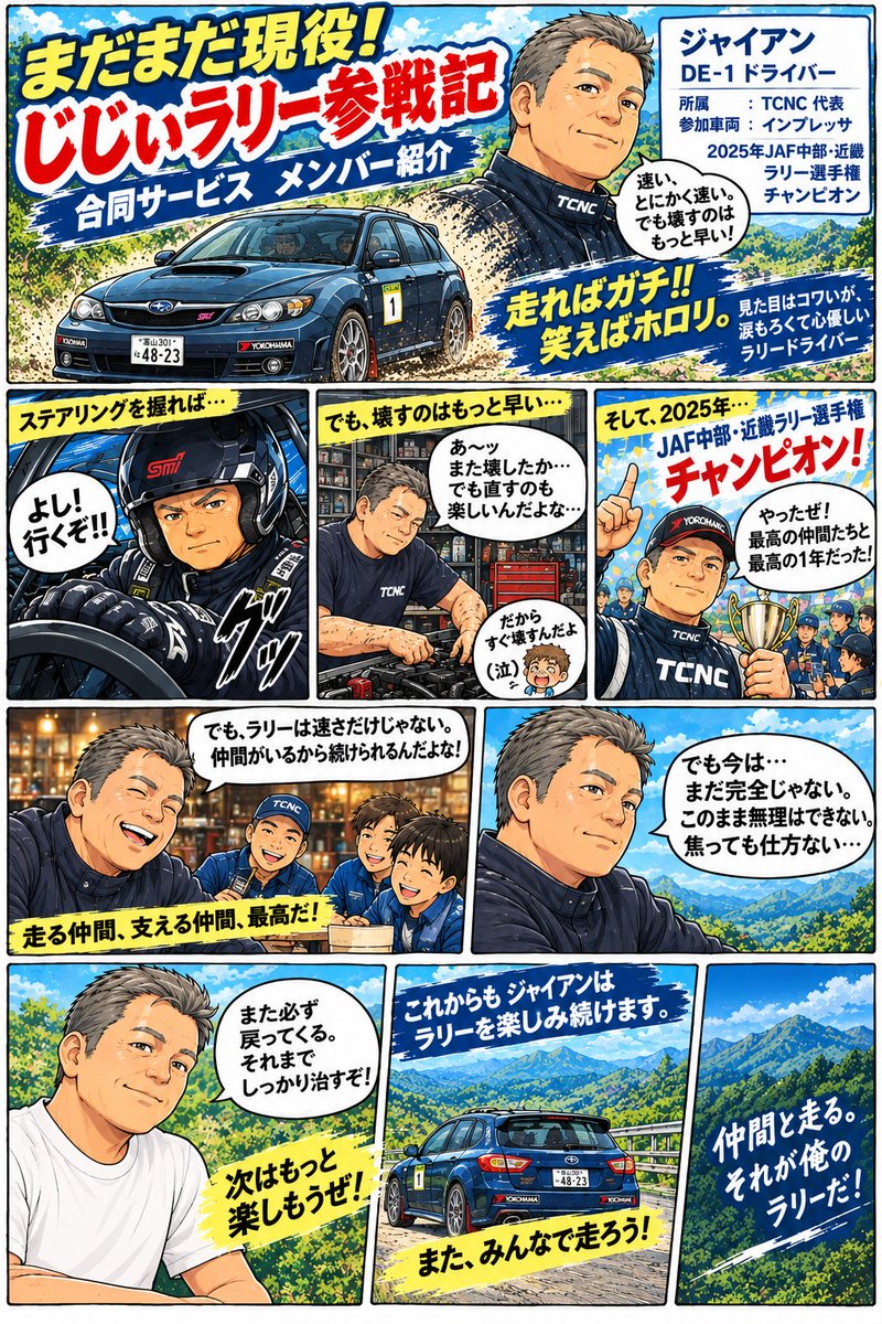 yasuu008's tweet photo. まだまだ現役❗じじぃラリー参戦記
｢原案：やすー／漫画：チャッピー｣
第100話 『合同サービスメンバー紹介｢ジャイアン｣』

#ラリー漫画
#ノンフィクション
#チャッピー
#連載中
#JAF中部近畿ラリー選手権
#ヤリス
#MRT金沢 https://t.co/A1VtHTTkpW