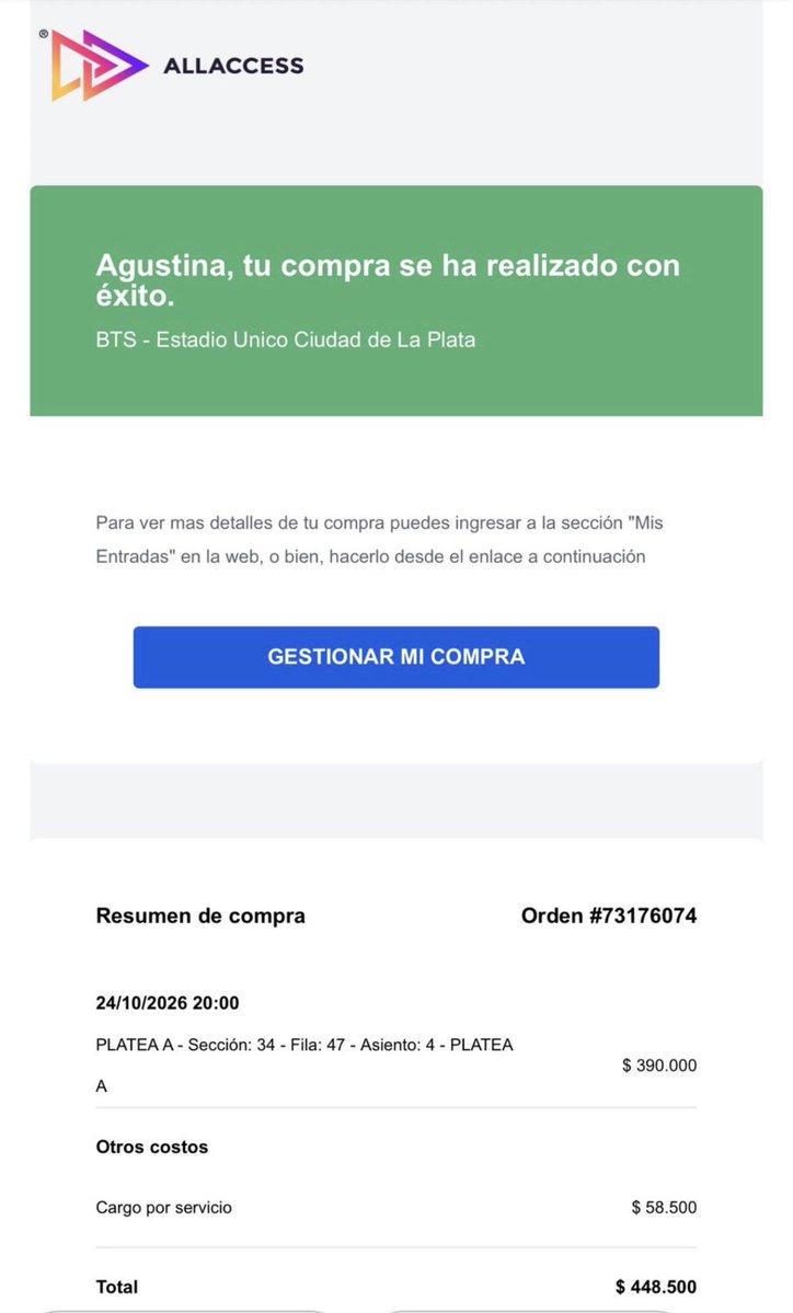 Agussmjk's tweet photo. CAMBIO
Tengo: 24/10 Platea A, sección 34, fila 47, asiento 4
Busco: 24/10 Campo
Acepto intermediaria
(Inserto como se ve desde mi lugar)
Diferencia de $46mil a pagar
#BTS_WORLDTOUR_ARİRANG #BTS #BTSArgentina #BTSENTRADAS 

(Me hice la cuenta para esto por eso es reciente) https://t.co/fjCosDYCZz