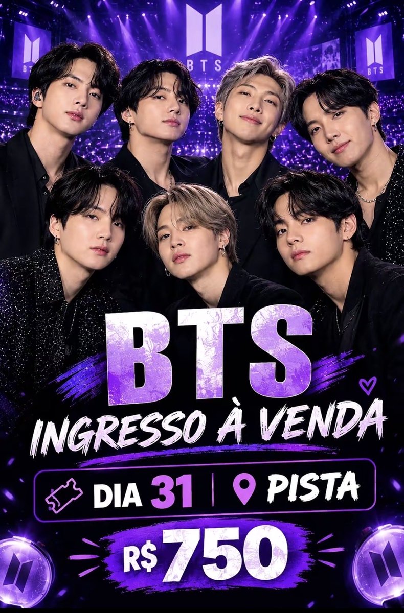 natyelly193's tweet photo. Oii ARMYS, tenho 3 ingressos para o show do BTS à venda! 💜

🎫 2 meia e 1 inteira 

📍Estádio do Morumbis 

📅 31 de outubro de 2026

🏟️ Setor: Pista 

🔥 Não perca essa oportunidade de viver essa oportunidade. 

🚨Chamem na dm!!

#btsarmy #armybts #arirang #bts_official_bighit https://t.co/qFYvTwmRUd