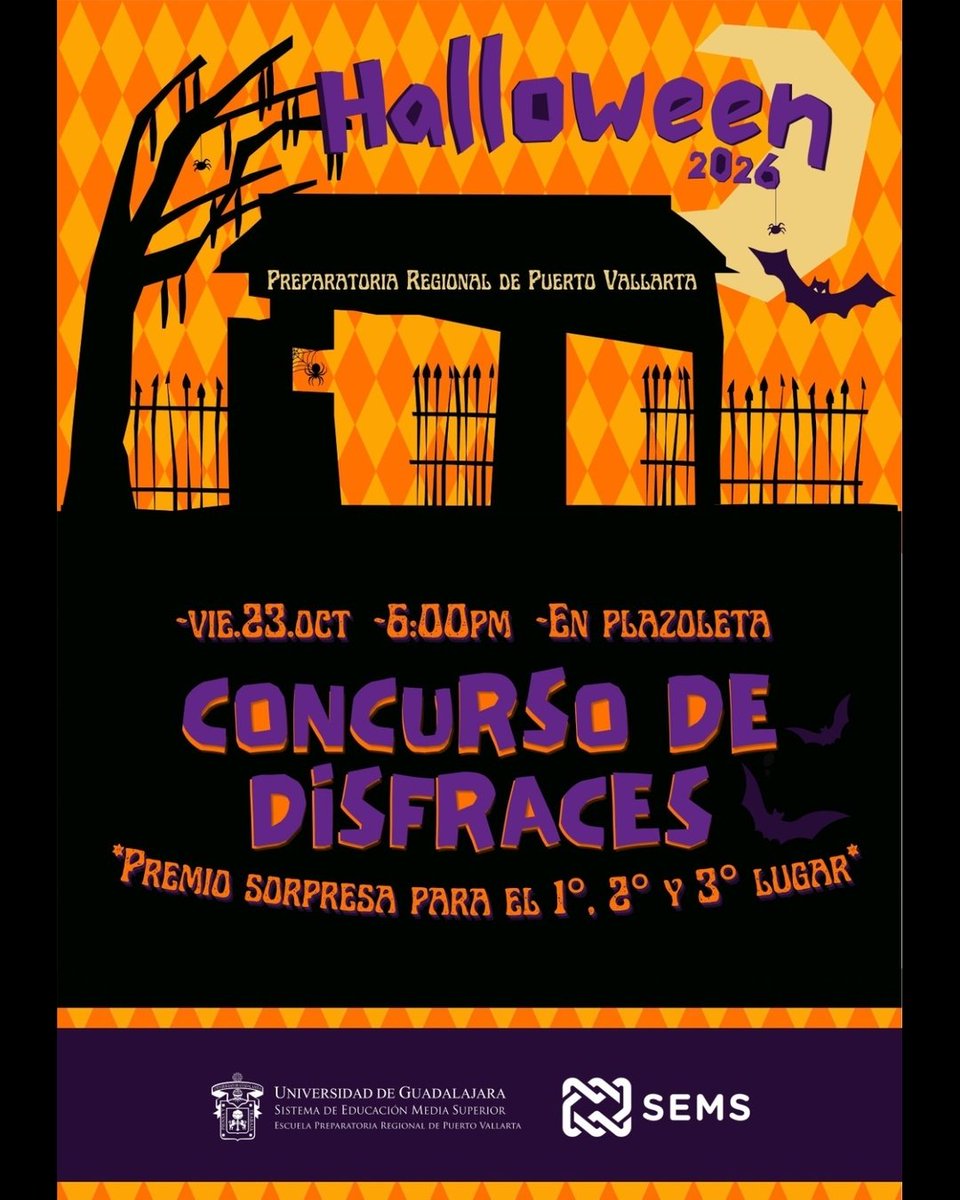 PrepaVallartUDG's tweet photo. 🎃🕸️ ¡Halloween 2026 llega a PrepaVallartaUDG! 🕸️🎃

Prepárate para sacar tu creatividad, originalidad y mejor disfraz en nuestro Concurso de Disfraces. 👻✨

📅 Viernes 23 de octubre
⏰ 18:00 h
📍 Plazoleta
🏆 ¡Habrá premios sorpresa para el 1.º, 2.º y 3.º lugar! https://t.co/Im44AwdnM1