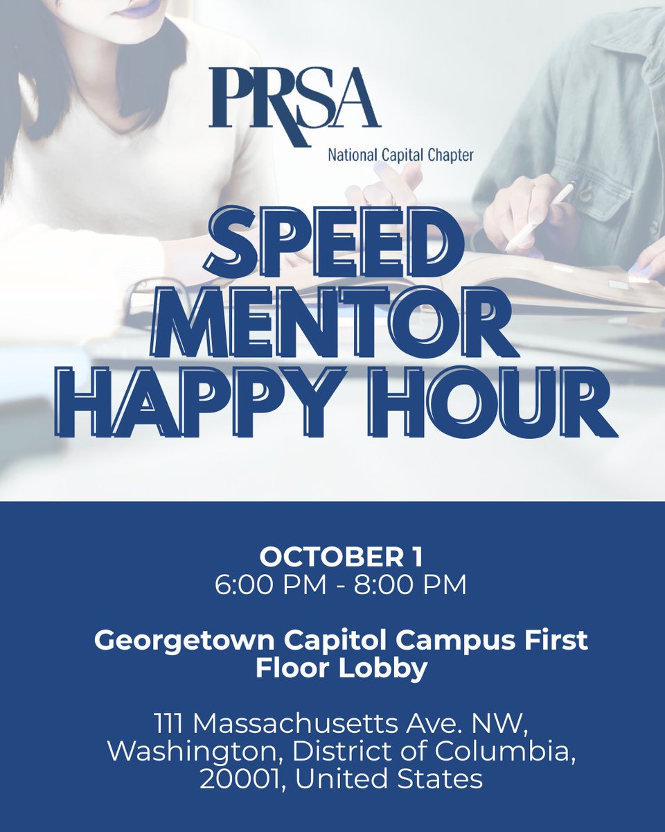 PRSA_NCC's tweet photo. Get ahead in the networking game before PRSSA ICON!
Join PRSA NCC + Georgetown University Communications Social Network for our Speed Mentoring Happy Hour.
- Oct. 1
- 6–8 p.m.
- Georgetown Capitol Campus
RSVP: https://t.co/fO61SFxDAm
#PRSANCC #PRSSA https://t.co/exi48Rid9B