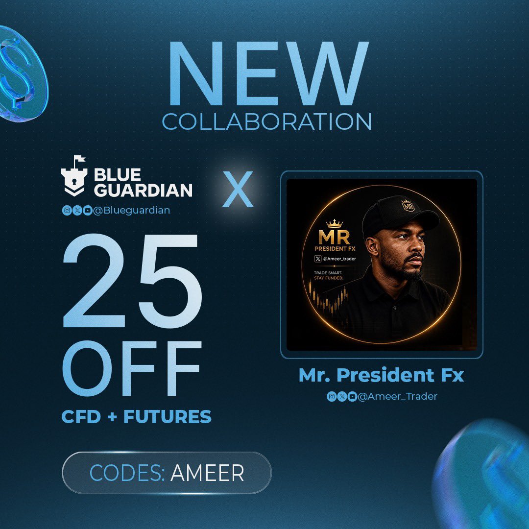 Ameer_Trader's tweet photo. 🚨 NEW COLLABORATION ALERT! 🚨

I’m excited to announce my new collaboration with @BlueGuardiancom 🤝

Get 25% OFF on CFD + Futures accounts using my exclusive code:

🎟️ CODE: AMEER

If you’ve been looking for a great opportunity to take your trading journey to the next level, this is your chance. 📈💰

Don’t miss it — use AMEER at checkout! 🔥🚀

#BlueGuardian #Trading #Forex #Futures #CFD #PropFirm #OffcialCollaboration #Ameer_trader