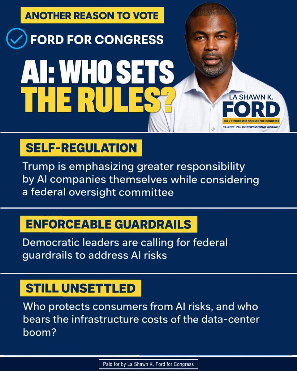 ford4congress's tweet photo. Congress has a responsibility to determine what safeguards should govern AI, how those rules will be enforced, and how communities and consumers will be protected as data centers expand. Voluntary commitments from technology companies cannot substitute for Congress doing its job.

#WashingtonWatch #ArtificialIntelligence #AI #DataCenters #ConsumerProtection #IL07