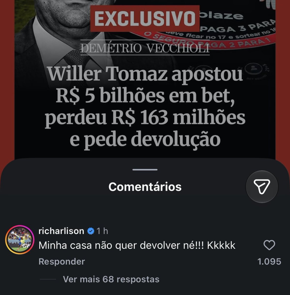 Metropoles's tweet photo. ➡️ Richarlison cobra Willer Tomaz após matéria sobre bets e cita mansão

O jogador protagoniza uma disputa judicial com Willer Tomaz, amigo de Flávio Bolsonaro, por um imóvel de R$ 10 milhões no RJ https://t.co/IdolLC2x6d