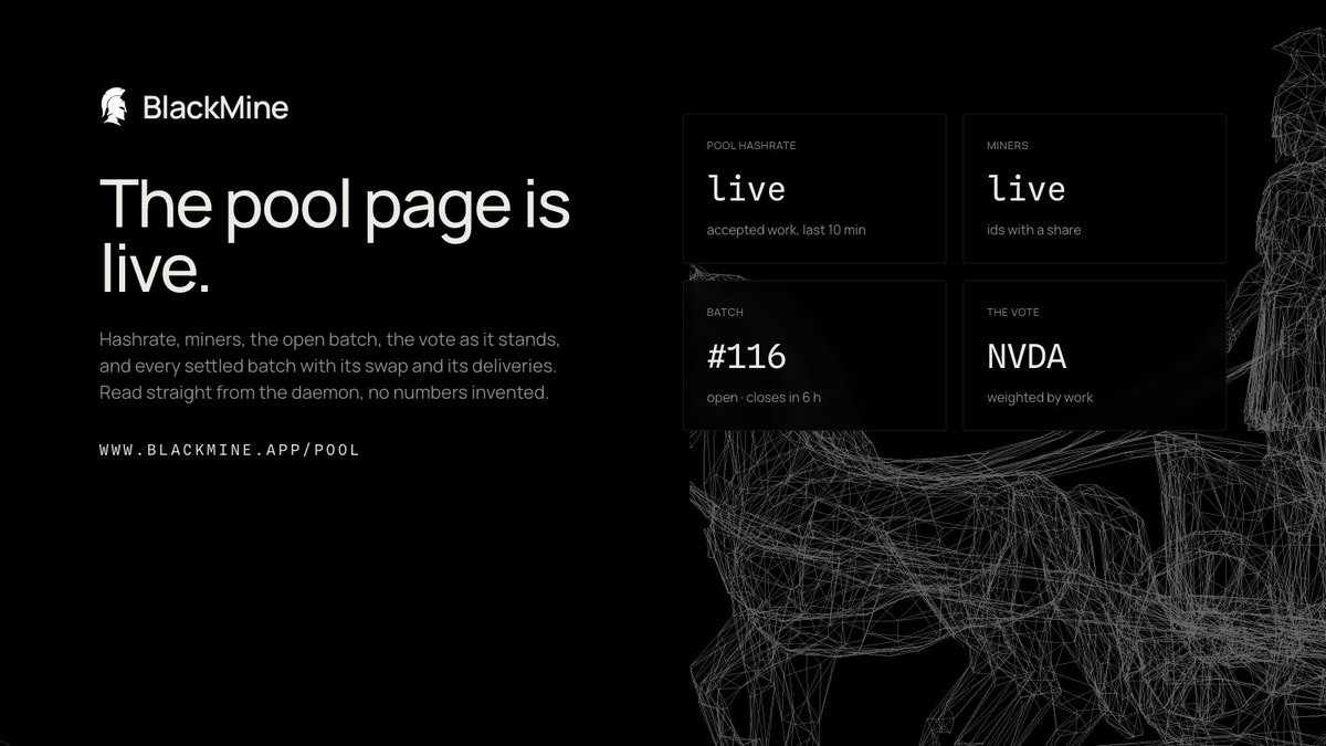 TryBlackmine's tweet photo. New: the Pool page is live.

Hashrate, miners, the open batch, the vote as it stands, and every settled batch with its swap and its deliveries. Every number is read from the daemon. None of them is invented.

https://t.co/sMW4HpiCHP https://t.co/6YyUZCbIr7