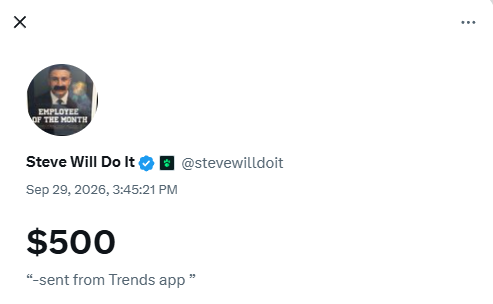 trendsdotrun's tweet photo. Hey @stevewilldoit we just sent you something to your @XMoney wallet! Check it out https://t.co/zyxJcdyQ37
