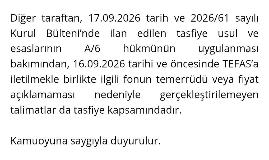 oylebibaktum's tweet photo. SPK’nın 28 Eylül açıklamasının yanlış yorumlandığını düşünüyorum.
Özellikle “A/6 hükmünün uygulanması bakımından” ifadesine dikkat edilmeli.
Benim yorumum; 16 Eylül saat 13.30 öncesinde satış emri veren ve işlemi gerçekleşmeyen yatırımcıların da tasfiyeye dahil edildiği, ancak 2026/61 sayılı bültenin A/6 maddesi gereğince satış bedellerinin fon borcu olarak tahakkuk ettirilerek tasfiye kapsamında öncelikli alacak niteliğinde değerlendirilmesi gerektiği yönünde.
Yani tasfiyeye dahil edilmek, herkesin aynı ödeme usulüne tabi olduğu anlamına gelmeyebilir.

Siz bu ifadeyi nasıl yorumluyorsunuz? Farklı düşünenlerin gerekçelerini de merak ediyorum.

#TLY #THF #DOH #TMV #SPK