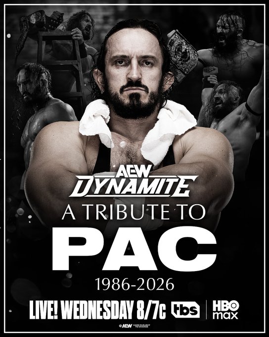 AEWonTV's tweet photo. Tomorrow night we pay tribute to the life and legacy of PAC on #AEWDynamite 

Join us live at 8/7c, Wednesday on TBS and HBO Max https://t.co/gdEGm6LD6m