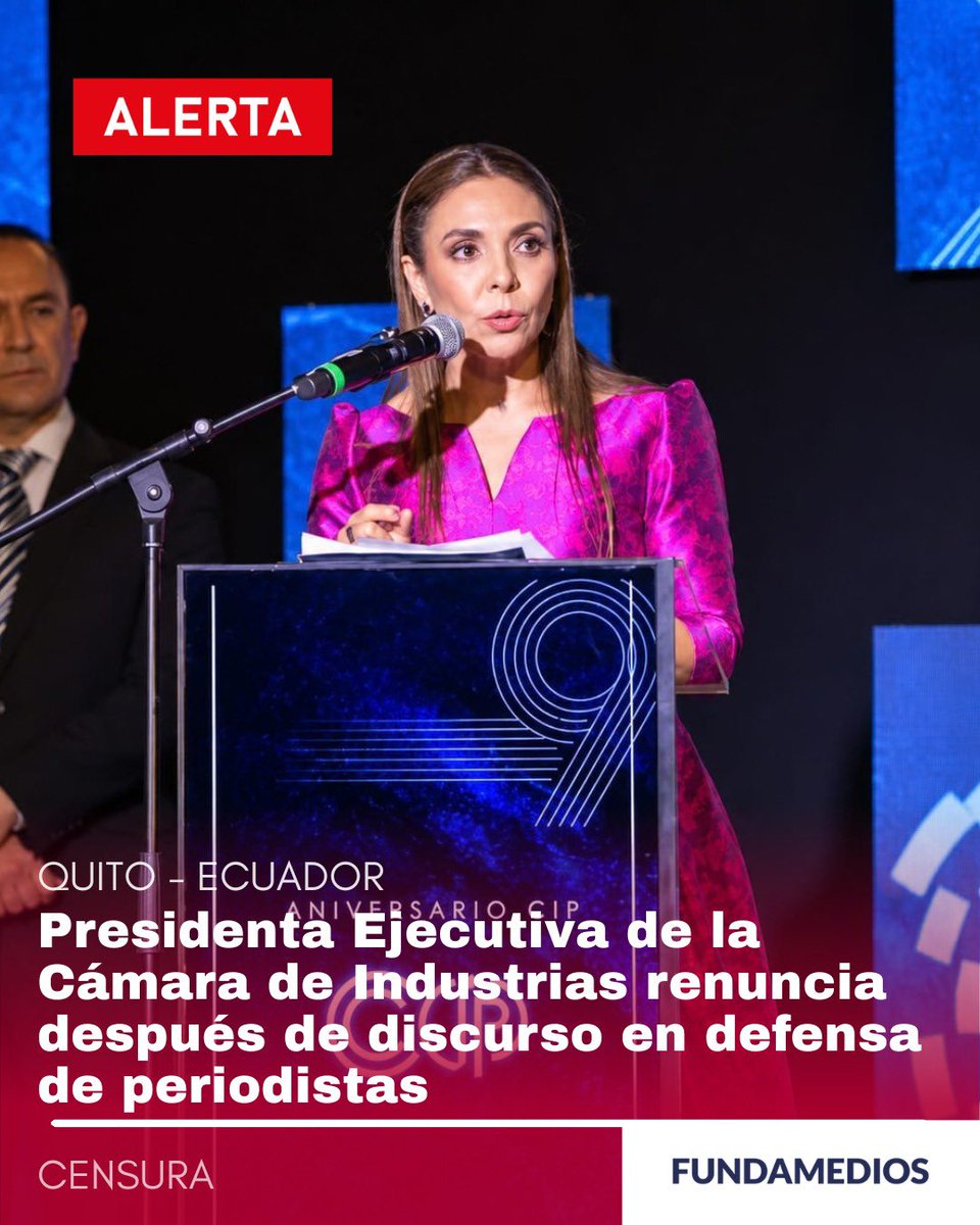 FUNDAMEDIOS's tweet photo. 🚨 #ALERTA |  “Si callamos no somos personas libres”. Cuatro días después de pronunciar esa frase en defensa de periodistas, María Paz Jervis (@PazJervis) dejó la Presidencia Ejecutiva de la CIP. 

Fundamedios expresa su preocupación por el mensaje que este caso envía a quienes defienden la libertad de prensa. 

Lee la nota completa: https://t.co/5JIWb3MIoZ