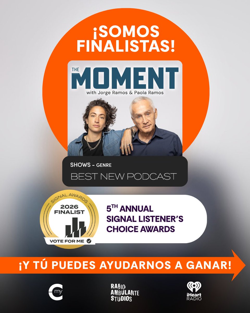TheMomentPod's tweet photo. Hace un año lanzamos el primer episodio de The Moment with @jorgeramosnews y @paoramos. Hoy nos enteramos que el show es finalista de los @signalawards en la categoría Best New Podcast. 

Si disfrutas The Moment, por favor vota por nosotros: https://t.co/2sSlaDIVbt https://t.co/kT7aYc4Nmu