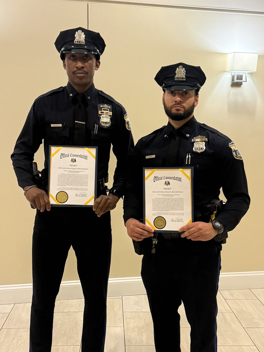 PPD19Dist's tweet photo. Congratulations to Officer Bostick and Officer Santos! Today, these dedicated members of the 19th Police District were recognized at the FOP for their outstanding service, hard work, and commitment to our community. https://t.co/bKhSP6oWXe