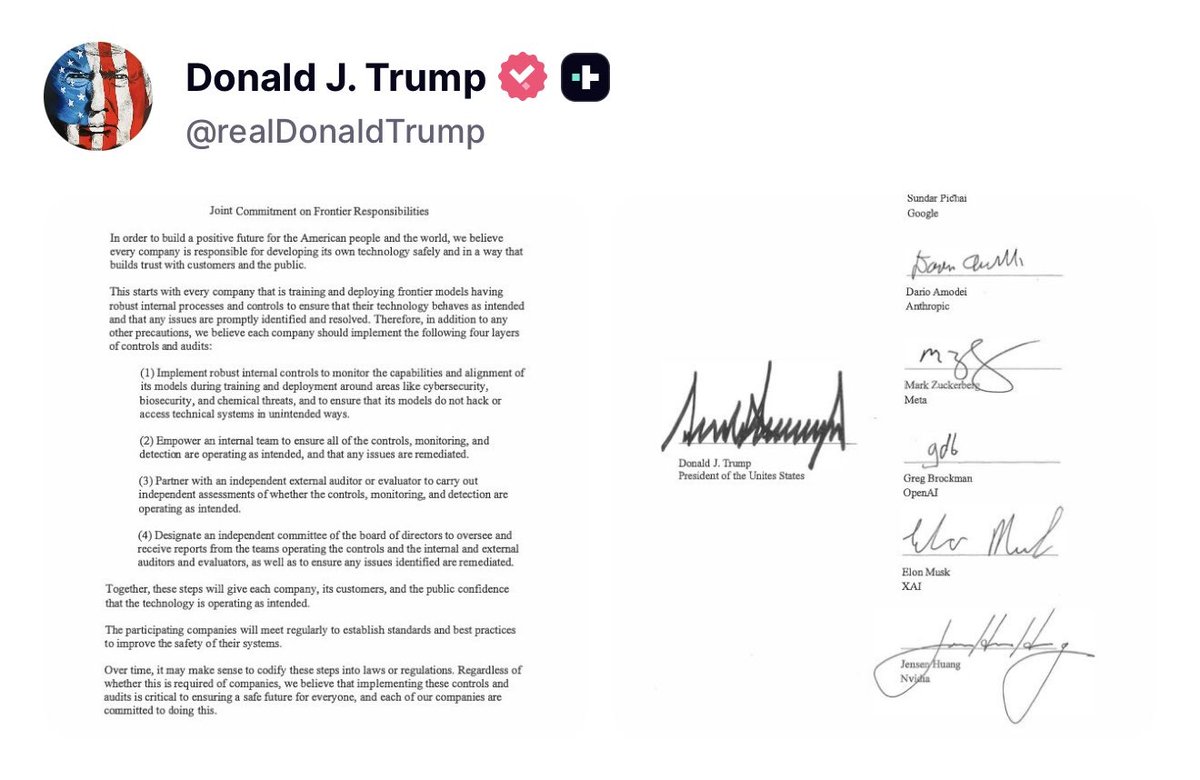 UltimaHoraCR's tweet photo. #Mundo | La Casa Blanca anunció un acuerdo con las principales desarrolladoras de inteligencia artificial (Anthropic, Google, OpenAI, XAI, Meta y NVidia) para establecer una serie de medidas que eviten un avance descontrolado de estas tecnologías.

Entre las medidas se establecen controles internos y auditorías externas que valoren la eficacia de los sistemas de supervisión de la IA.

Vía: @EddyMosquera0
https://t.co/woHMRjWbSk