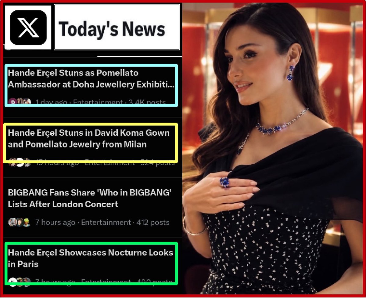 UliEzo's tweet photo. Doha, Milano, Paris...X'te gün boyunca dikkat çeken haber akışında, X Todays News'te Hande Erçel, Doha Jewellery &amp; Watches Exhibition'dan Pomellato, David Koma ve Nocturne ile uluslararası gündemin öne çıkan başlıkları arasında yer alıyor🖤 #HandeErçel #Pomellato #DJWE #Nocturne https://t.co/2UFRdOzCas
