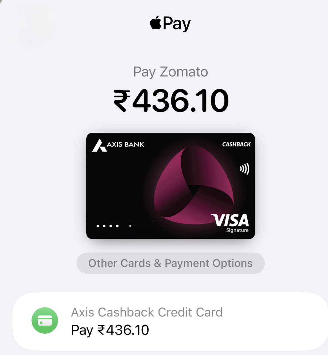 AmazingCreditC's tweet photo. Apple Pay payment option is now visible on Zomato as well.

Just select Apple Pay as the payment method, double press the side button on your iPhone, authenticate with Face ID, and you’re done.

Such a seamless integration.

Payments are going to become so much more convenient for iPhone users.