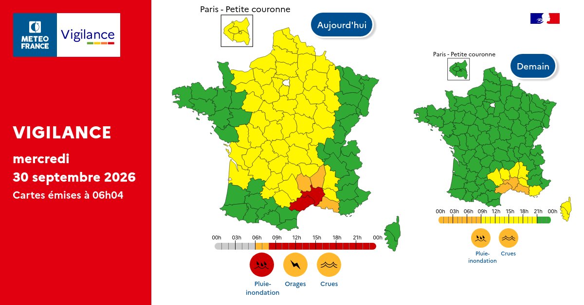 VigiMeteoFrance's tweet photo. Mercredi 30 septembre 2026 :    
🔴 2 départements en vigilance rouge
🟠 3 départements en vigilance orange 
 Jeudi 1 octobre 2026 :
🟠 3 départements en vigilance orange https://t.co/mOLjW5AzX2