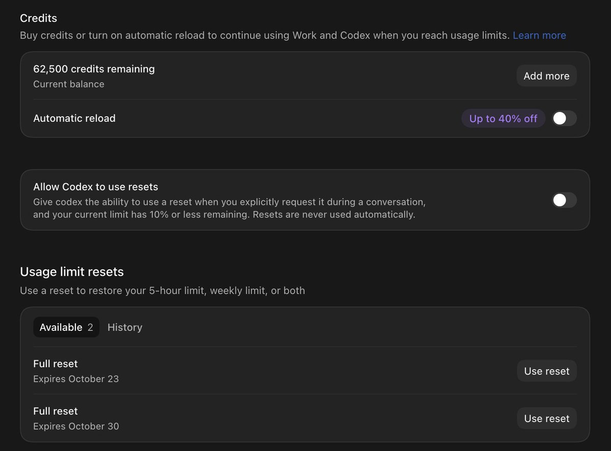 mwr_dev's tweet photo. Codex clutching up for 20x users lmao. 2 resets + 62,500 in credits? insane https://t.co/v1bac2kF3x