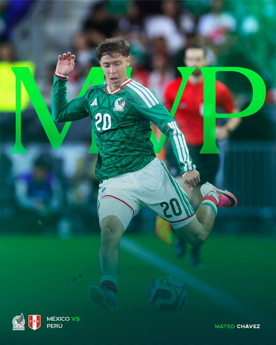 A sports graphic featuring Mexico's Mateo Chávez (#20) in action, with 'MVP' in large green letters and the matchup 'MEXICO VS PERU' at the bottom.