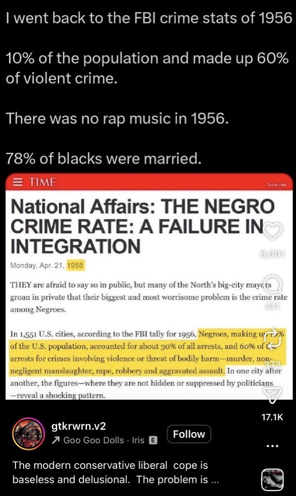 EverythingIs2Hi's tweet photo. @HarperChauncy @Patriot_187 Never happened. All that was a fucking lie. Civil rights era is one giant Marxist psyop. 

This image is why whites were out running around beating y’all back - it was vigilantism in order to protect our areas. You’ve always been the most violent and destructive race. https://t.co/LHtjllkYEu