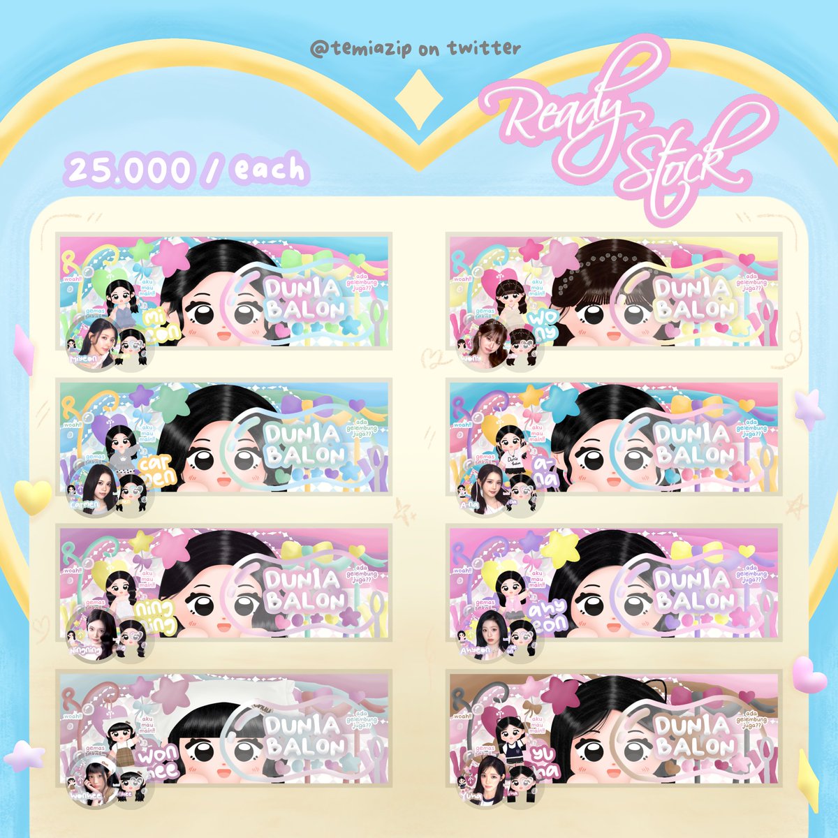 temiazip's tweet photo. 。。。🧸 help repost please? 谢谢！🩵⚜️
 
haloo #bealanja 🛒! Mia ada 8 ready stock layout chibi katalog DUNIA BALON 🫧🎈 yang bisa diorder sekarang nih. 

ayoo jajan ke DM/WA https://t.co/jysXeHVqlD ! 🩷🪽

t. miyeon, carmen, ningning, wonhee, wonyoung, a-na, ahyeon, yuha https://t.co/ykF6lwrRqI