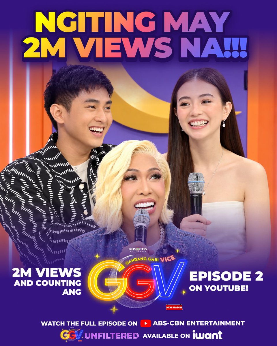 ABSCBN's tweet photo. OA sa ngiti sina #ViceGanda at #JMFyang dahil OA kayo sumuporta!!!! 😁

Thank youuu sa 2M VIEWS NG #GandangGabiVice EPISODE 2 on ABS-CBN YouTube!!! 🥰 https://t.co/b6oht3eiBg