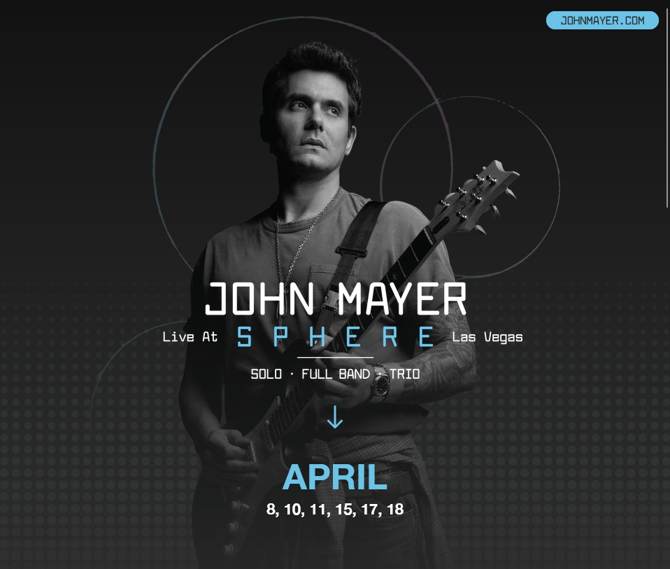 MusicFab122597's tweet photo. John Mayer is heading to the Sphere for a six-show Las Vegas residency in April 2027. He’ll cover his solo catalog across acoustic, full-band and John Mayer Trio sets. #JohnMayer #SphereVegas #LiveMusic https://t.co/wQvCCUTFua