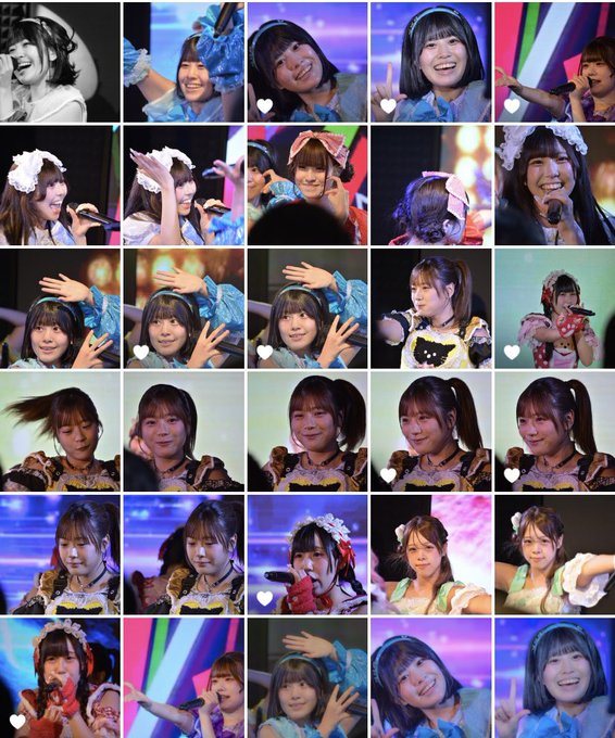 A grid of 30 small photographs displays a young Japanese idol or performer in various poses and outfits, smiling and making hand gestures during what appears to be a live performance or fan event.