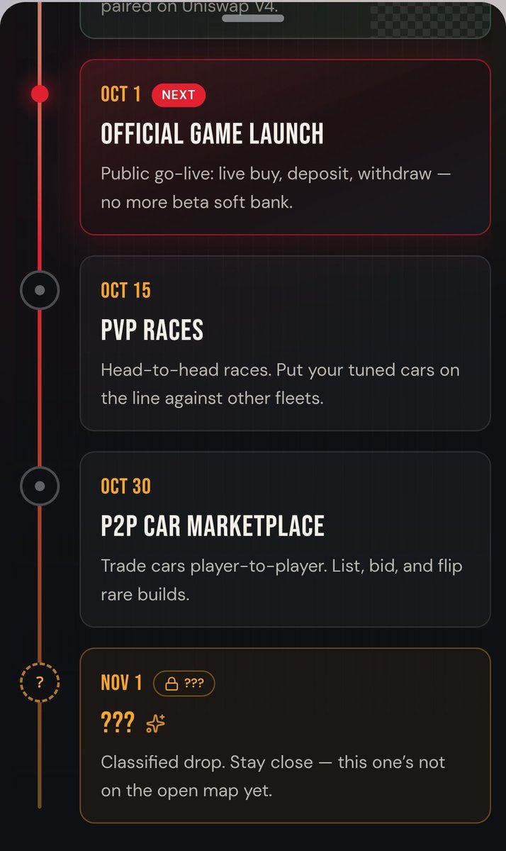 HoodCarsgame's tweet photo. :🚨 OFFICIAL ROADMAP 🚨

The game is almost live 🔥

🚀 OCT 1 → OFFICIAL GAME LAUNCH
🏁 OCT 15 → PVP RACES
🛒 OCT 30 → P2P CAR

MARKETPLACE
NOV 1 → CLASSIFIED DROP Public go-live is next.
No more beta.
Get ready. 🏎️💥 https://t.co/gdk8wHS9O9