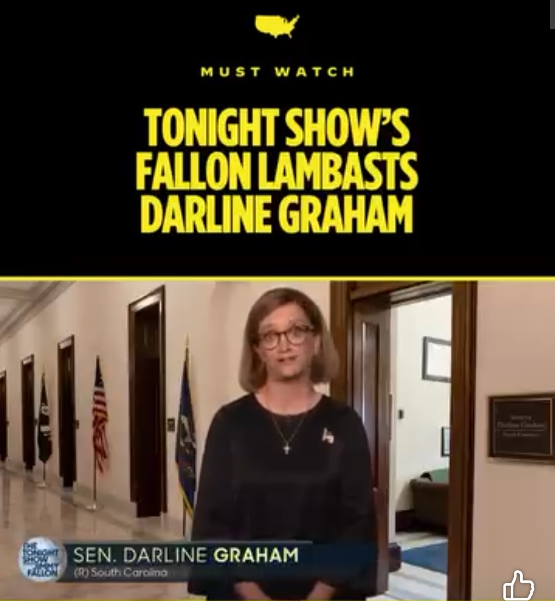 Nanking5555's tweet photo. @DarlineGrahamSC Did you watch Jimmy Fallon? You are a moron and Jack Smith intelligently and concisely demonstrated that of the entire Republican representation. BTW your brother was a shameful hypocrite, corrupt bordering on treason. https://t.co/u6LYpTx5nI
