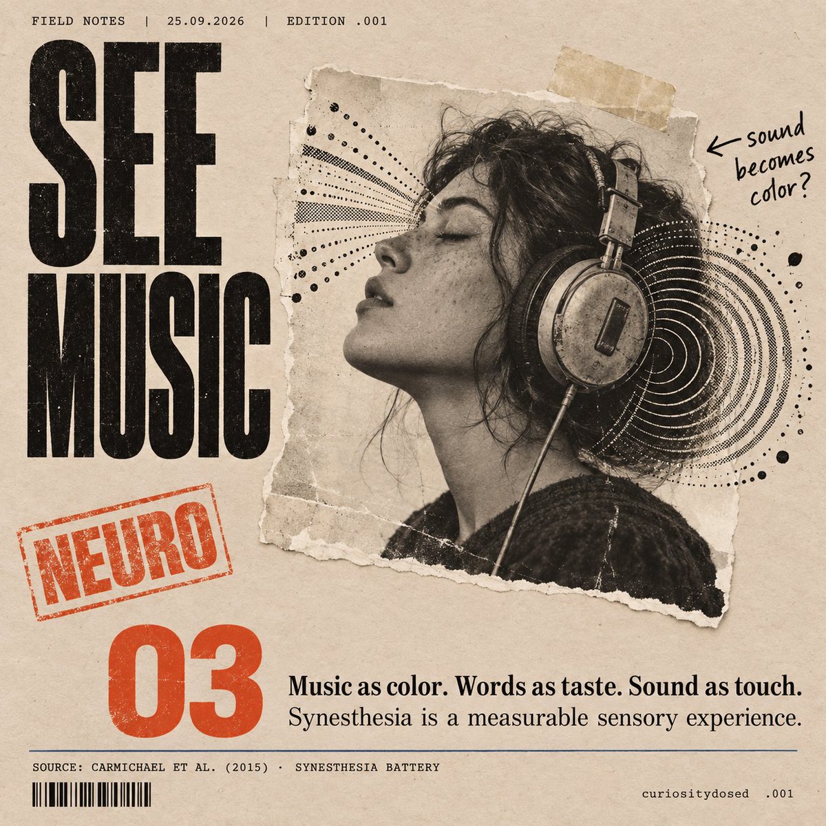 curiositydosed's tweet photo. Some people see music as color.
Others taste words when they read. A few feel sounds as texture on their skin.

This is synesthesia, a documented neurological condition where sensory regions of the brain activate simultaneously.

It's not a metaphor, it's a real neurological condition.