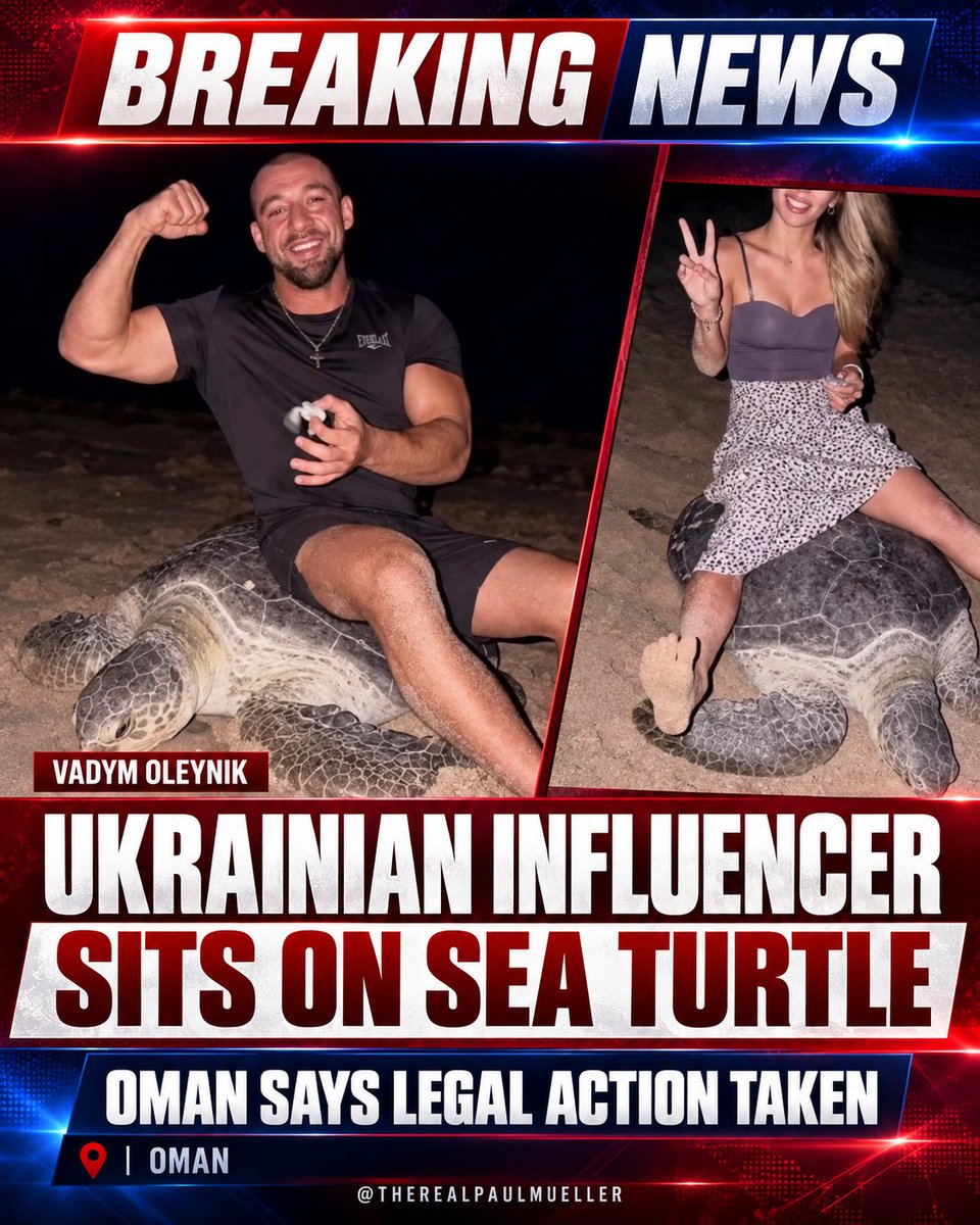 RealPaulMueller's tweet photo. BREAKING: Ukrainian influencer faces legal action after sea turtle video

Oman - Video shows a man identified as Ukrainian influencer Vadym Oleynik sitting on a live sea turtle and holding what reporting describes as a hatchling. Oman’s Environment Authority announced legal action on September 27th. He has reportedly apologized, but no specific penalty has been announced.

RESOURCES: Resources, including Oman’s Environment Authority’s public statement, are included below.

Sources: Instagram @vadym_oleynik; Oman Environment Authority; Muscat Daily; PEOPLE.

Fair Use: News reporting and commentary.

Innocent until proven guilty. Please keep all participation peaceful, lawful and respectful.

#TheRealPaulMueller