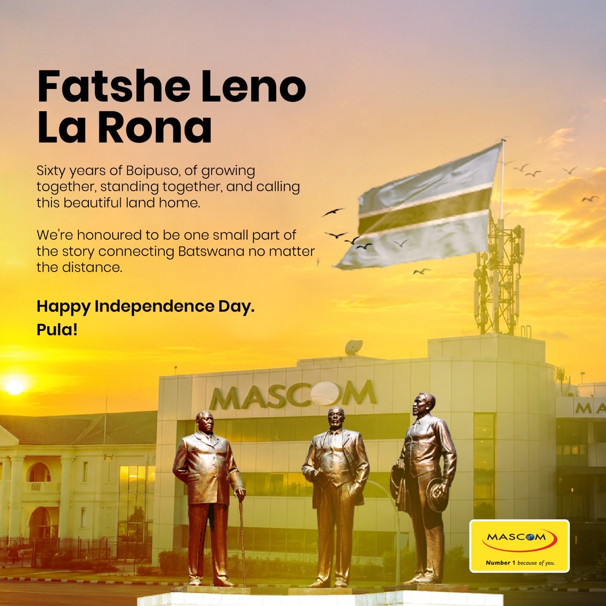 MascomWireless's tweet photo. Happy 60th Independence Day, Botswana! 🇧🇼💛

#Bots60 #BotswanaIndependence #Number1BecauseOfYou https://t.co/JgTrqPN0d0