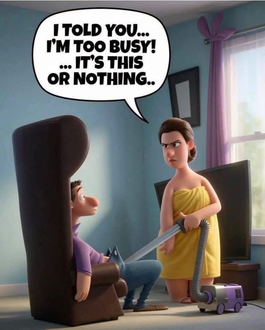 A cartoon shows an angry woman in a yellow towel holding a vacuum hose pointed at a man slouched in a recliner, with a speech bubble reading 'I TOLD YOU... I'M TOO BUSY! ... IT'S THIS OR NOTHING..'