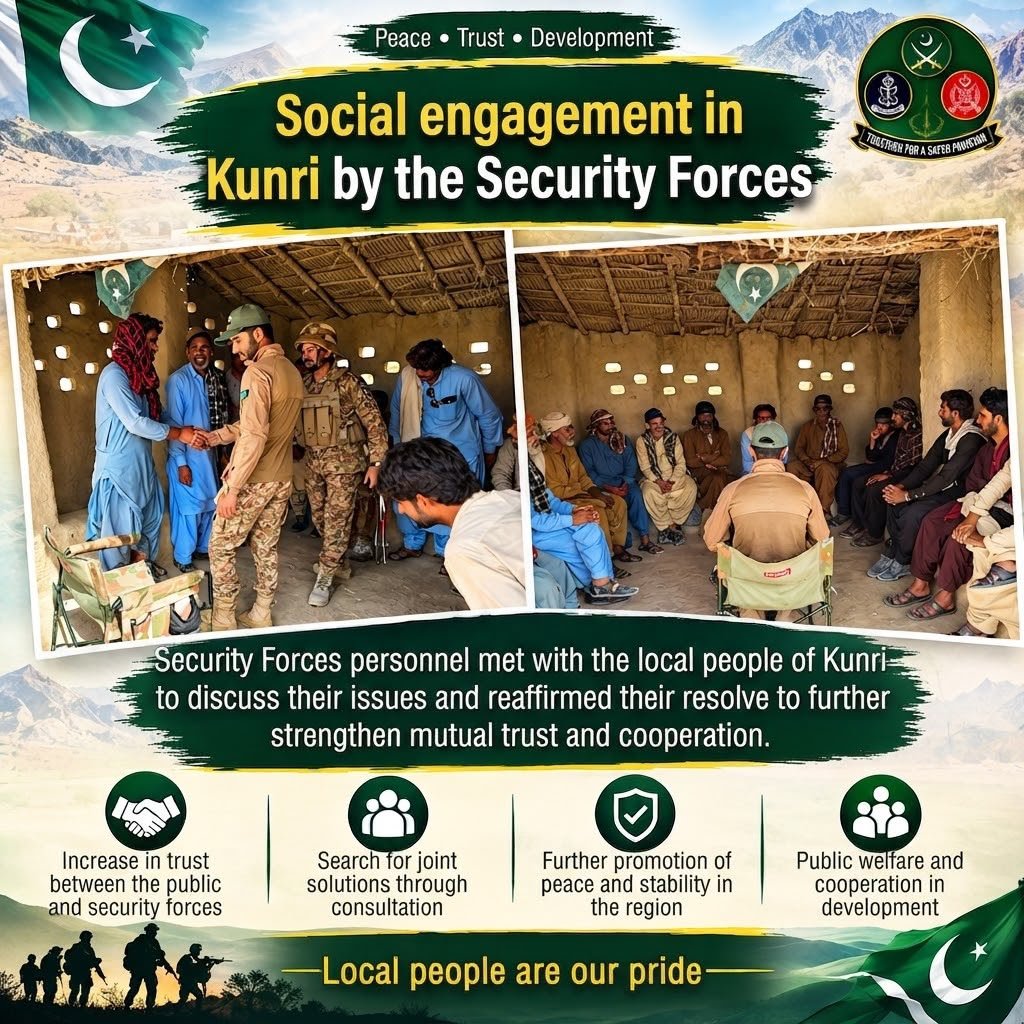 qudoos297's tweet photo. 🤝 Community Engagement in Kunri..!
Security Forces engaged with local residents, discussing community issues and strengthening mutual trust and cooperation while supporting peace, stability, and public welfare.

#Kunri #SecurityForces #CommunityEngagement #Peace https://t.co/Vw3hbxbexm