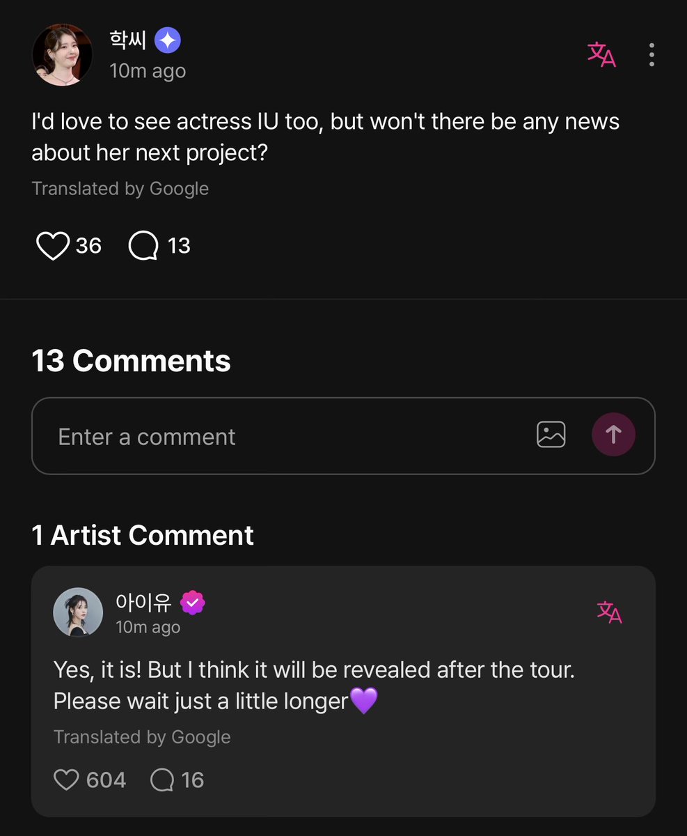 AuraBoomz's tweet photo. ACTRESS IU IS COMING BACK. ♡

Someone asked IU if there’s any news about her next acting project and she answered:

“There is! But I think it’ll be revealed after the tour. Please wait just a little longer.”

After My Mister, Hotel Del Luna, When Life Gives You Tangerines and Perfect Crown… I am SO curious what kind of character she chose next. 
#IU