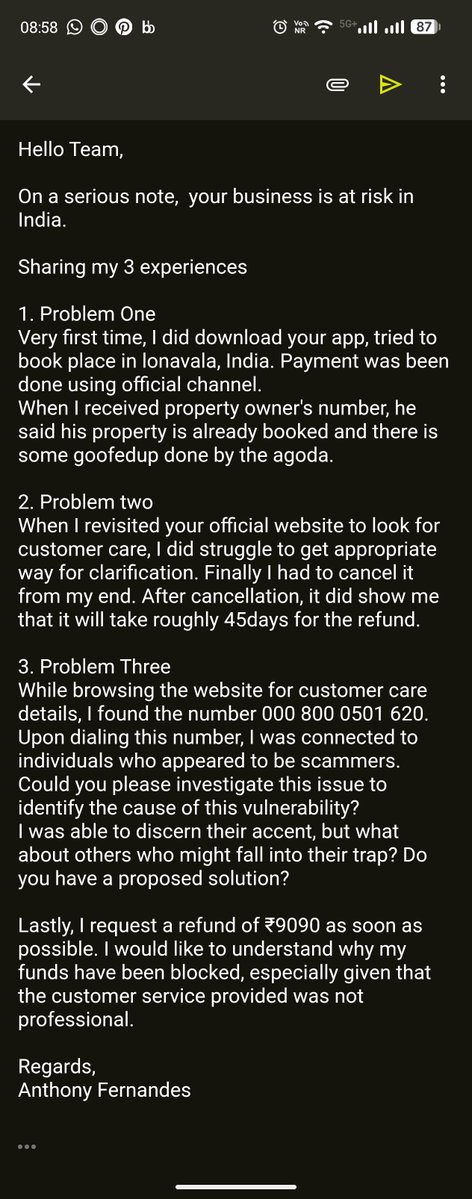 FernandesRexson's tweet photo. @agoda @agodajapan @agodaindia @agodaindonesia 
I am sending you clear details about my experience on your website. I need my refund as soon as possible. Please also listen to the recording.
Let me know what solution do you have to fix this issue? 
@MahaCyber1 https://t.co/DRtUYy0i3w