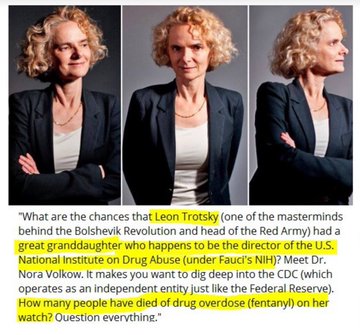 A meme showing three photos of a blonde woman in a blazer with text questioning 'Leon Trotsky' and 'Nora Volkow' regarding the 'Bolshevik Revolution', 'Drug Abuse', and the 'CDC'.