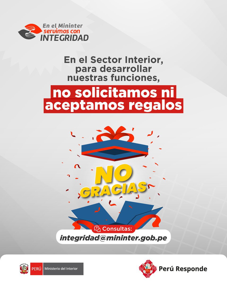 MininterPeru's tweet photo. En el #Mininter ejercemos el servicio público con transparencia y rectitud. Por eso, para cumplir con nuestras funciones, no solicitamos ni aceptamos regalos o cortesías.
🤝 Servir con integridad es actuar siempre pensando en el bien de todos. 🇵🇪
#SeguridadYOrden https://t.co/Kb2sn7QLG6